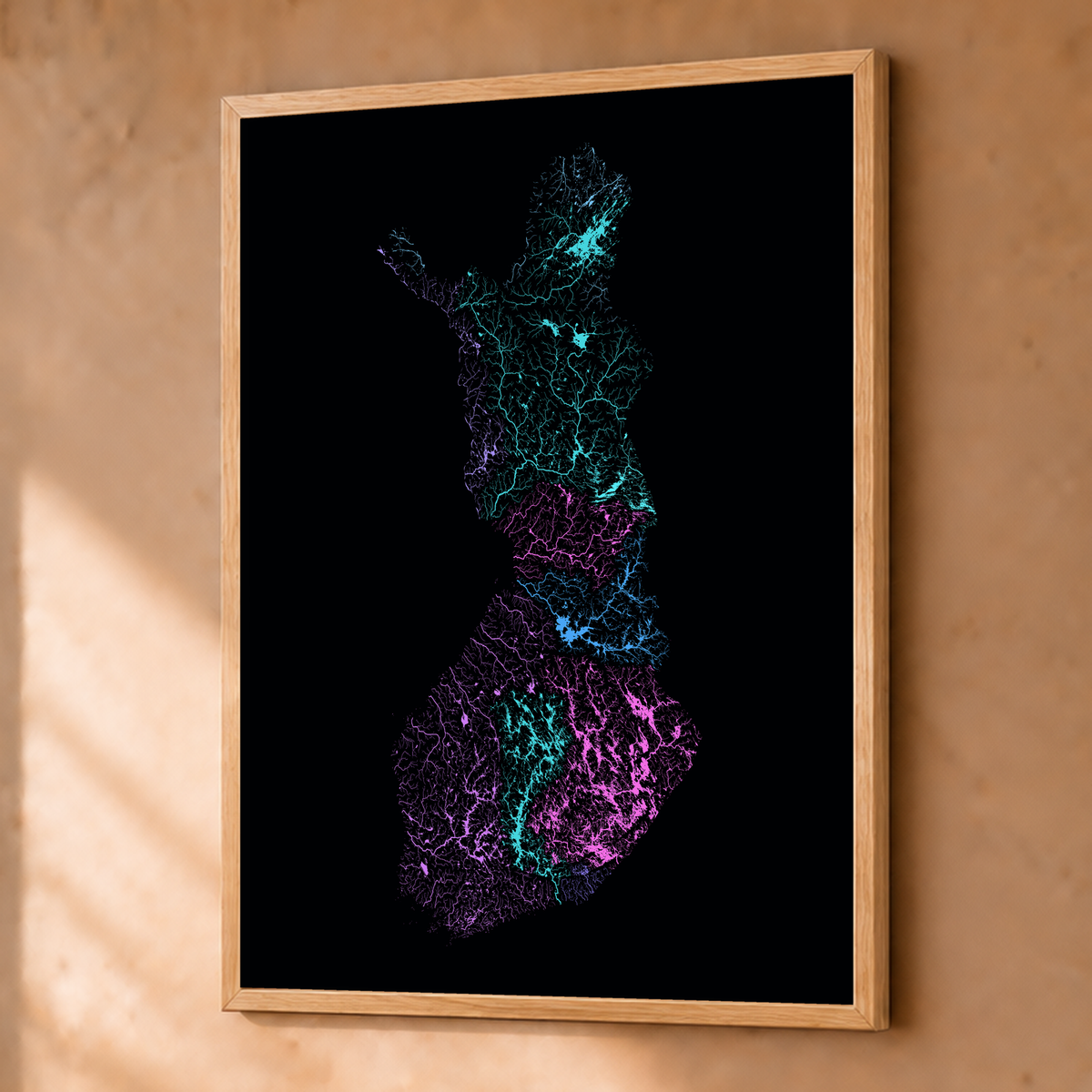 Beautiful Rivers — Finlândia — Neon hidrográfico, Fine art emoldurado · 45 × 60 cm, Natural · Sem margem