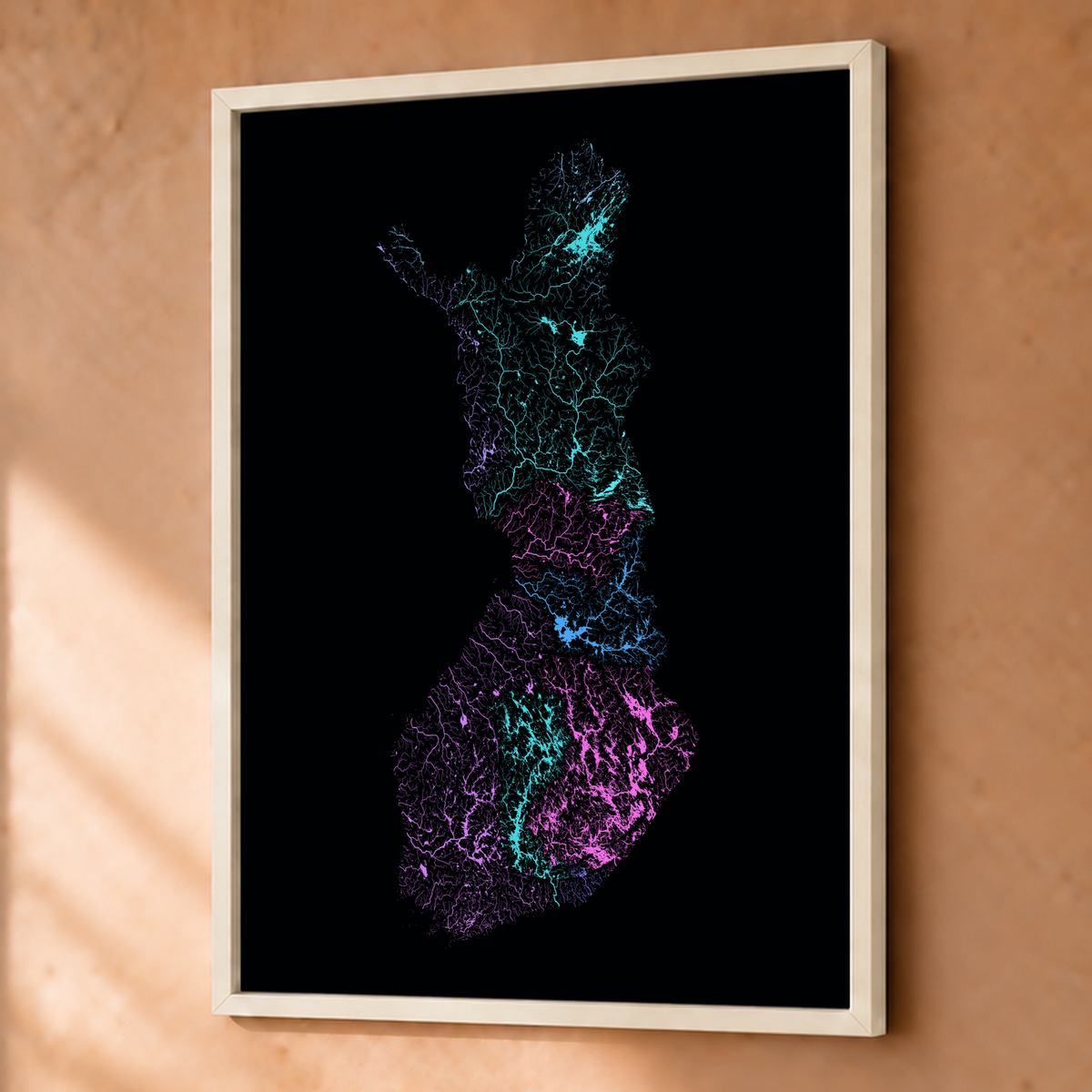 Beautiful Rivers — Finlândia — Neon hidrográfico, Fine art emoldurado · 45 × 60 cm, Branco · Sem margem