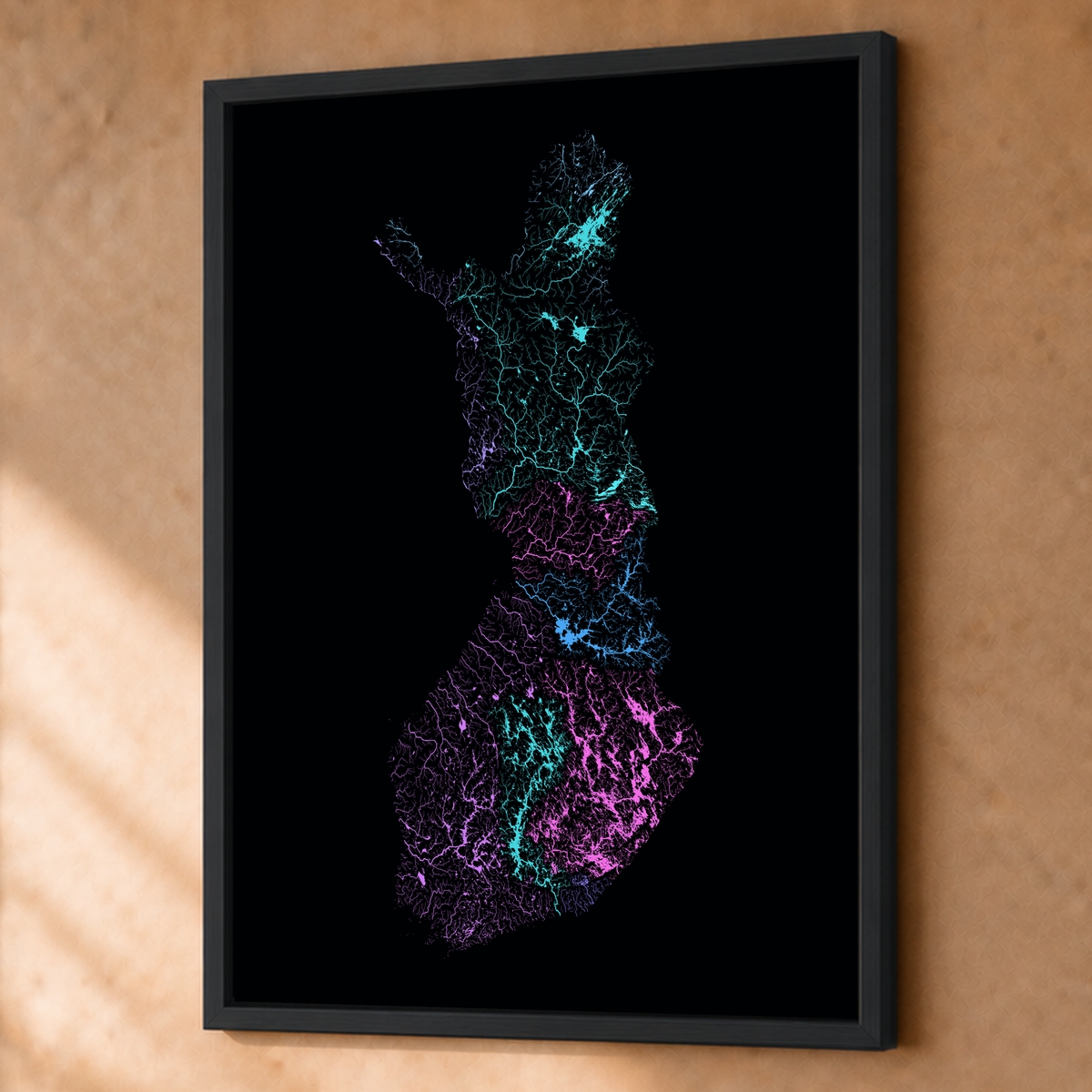 Beautiful Rivers — Finlândia — Neon hidrográfico, Fine art emoldurado · 60 × 80 cm, Preto · Sem margem