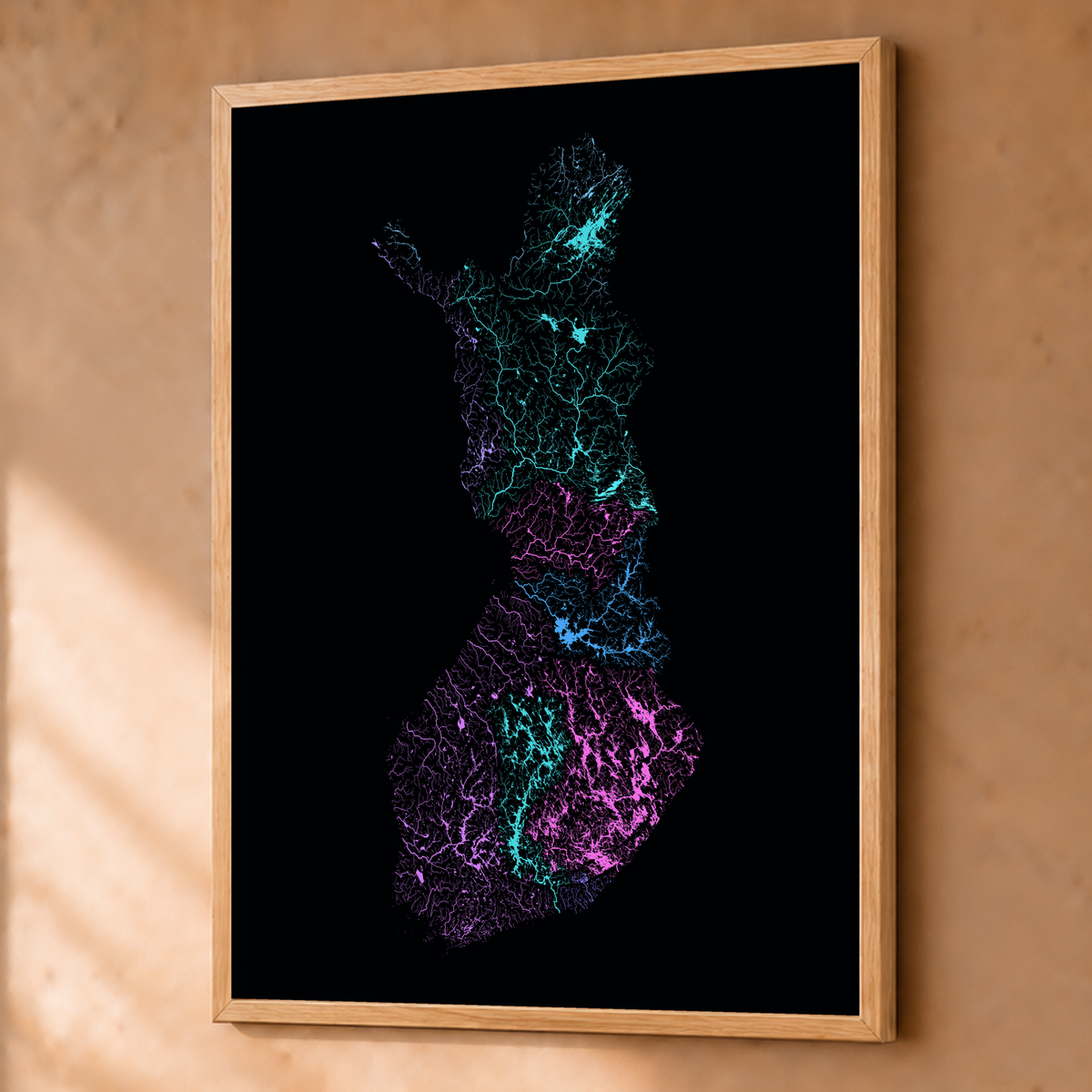 Beautiful Rivers — Finlândia — Neon hidrográfico, Fine art emoldurado · 60 × 80 cm, Natural · Sem margem