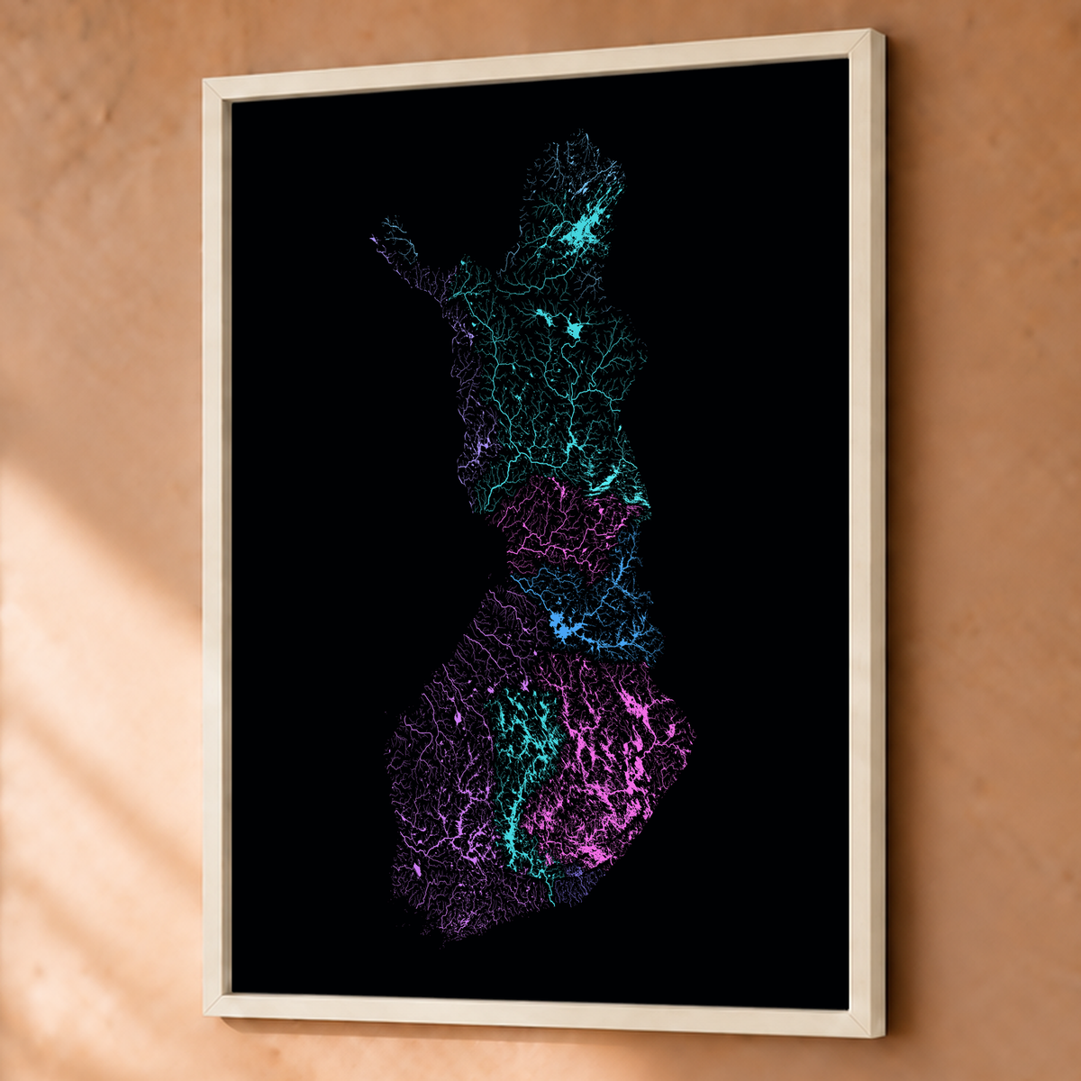 Beautiful Rivers — Finlândia — Neon hidrográfico, Fine art emoldurado · 60 × 80 cm, Branco · Sem margem