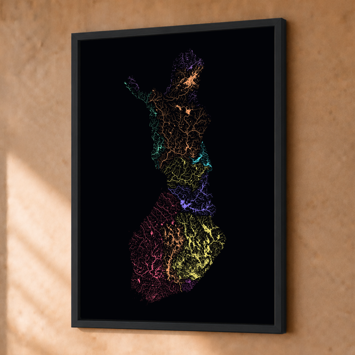 Beautiful Rivers — Finlândia — Neon por território, Fine art emoldurado · 30 × 40 cm, Preto · Sem margem