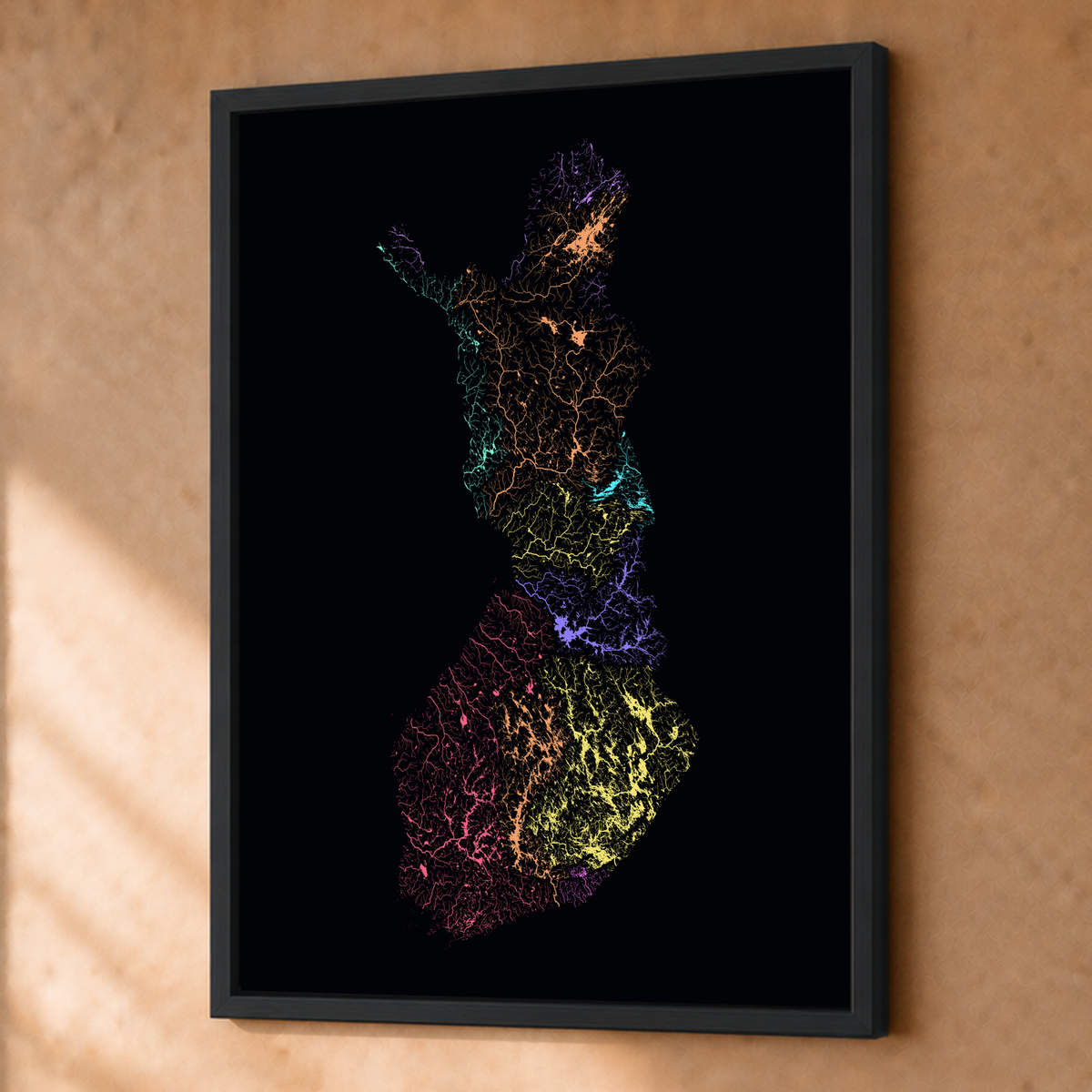 Beautiful Rivers — Finlândia — Neon por território, Fine art emoldurado · 45 × 60 cm, Preto · Sem margem