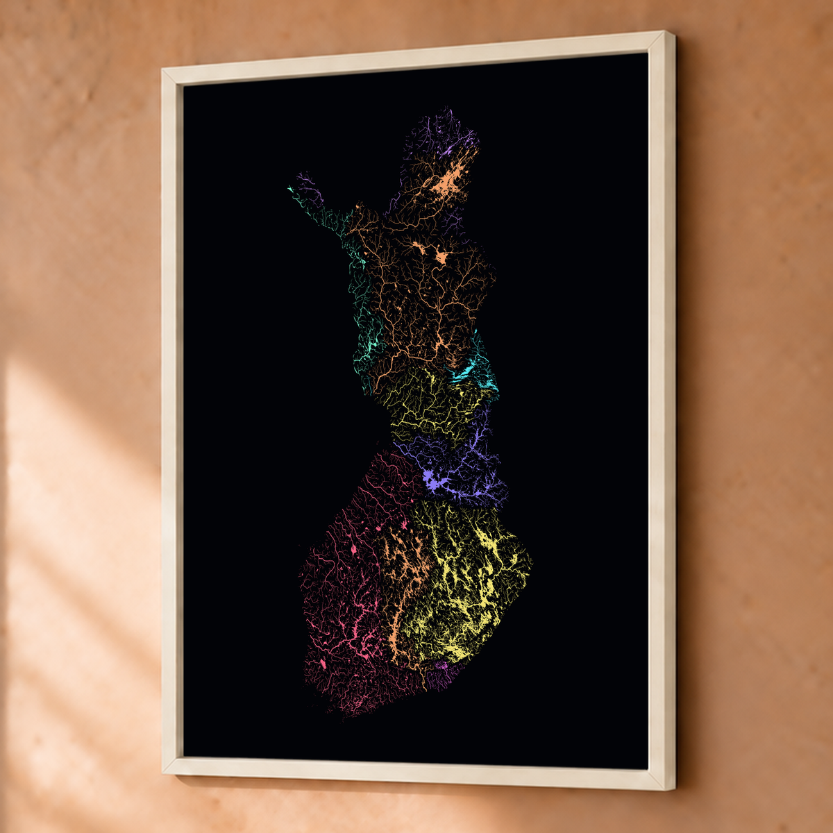 Beautiful Rivers — Finlândia — Neon por território, Fine art emoldurado · 45 × 60 cm, Branco · Sem margem