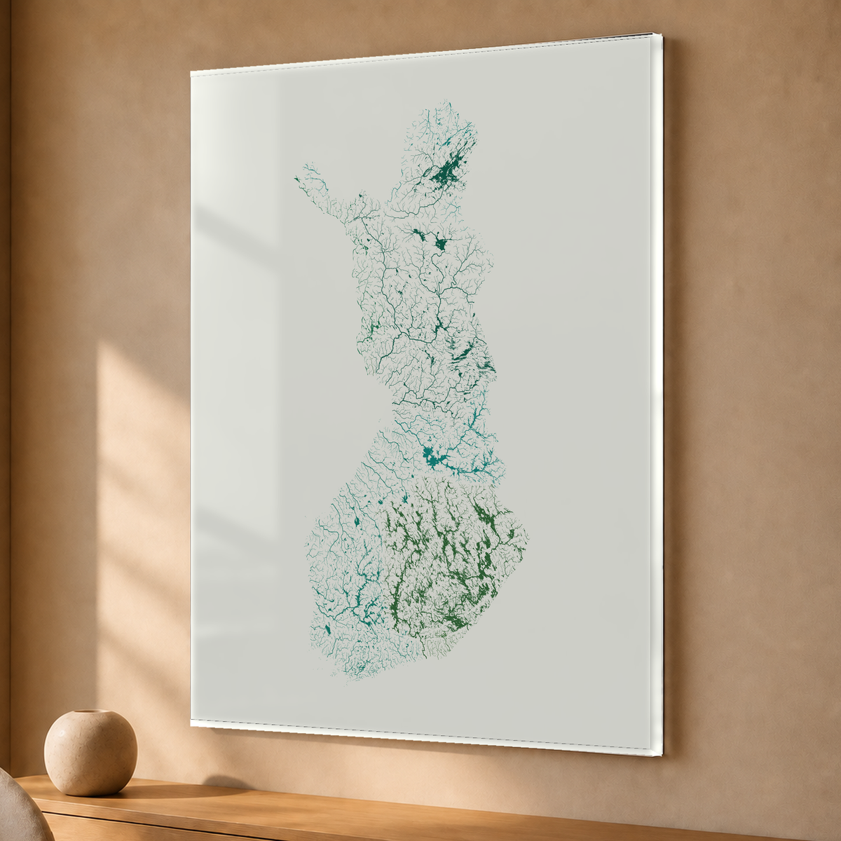 Beautiful Rivers — Finlândia — Verde jade e porcelana, Acrílico · 30 × 40 cm, Sem margem