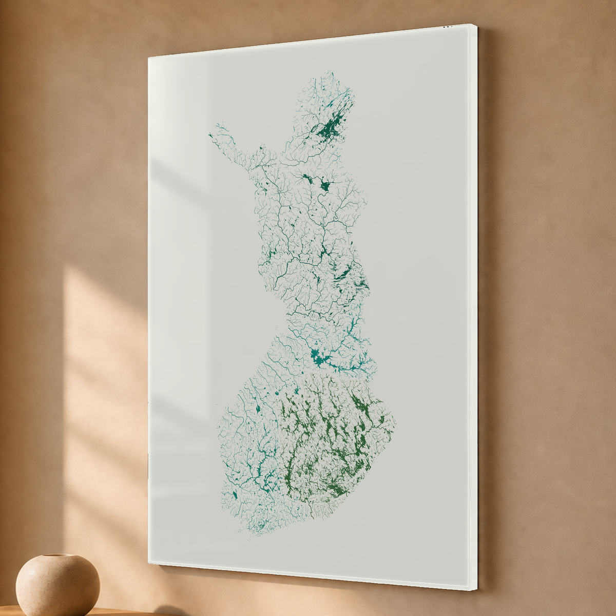 Beautiful Rivers — Finlândia — Verde jade e porcelana, Acrílico · 40 × 60 cm, Sem margem