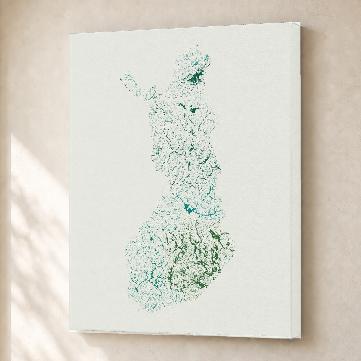 Beautiful Rivers — Finlândia — Verde jade e porcelana, Canvas · 30 × 40 cm, Sem margem