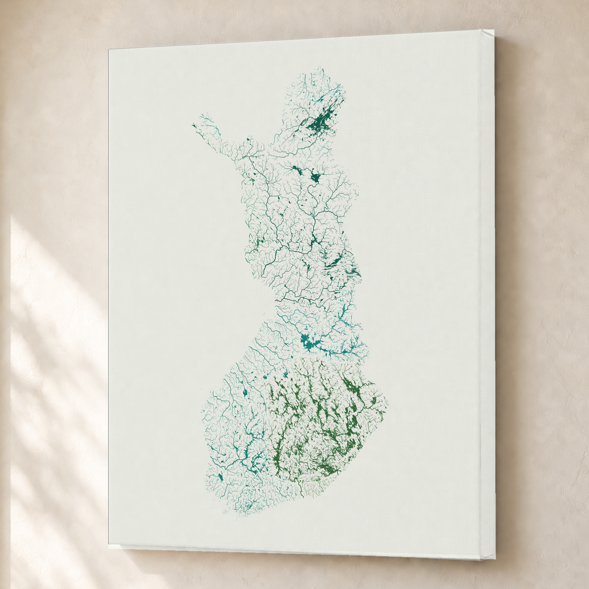 Beautiful Rivers — Finlândia — Verde jade e porcelana, Canvas · 45 × 60 cm, Sem margem