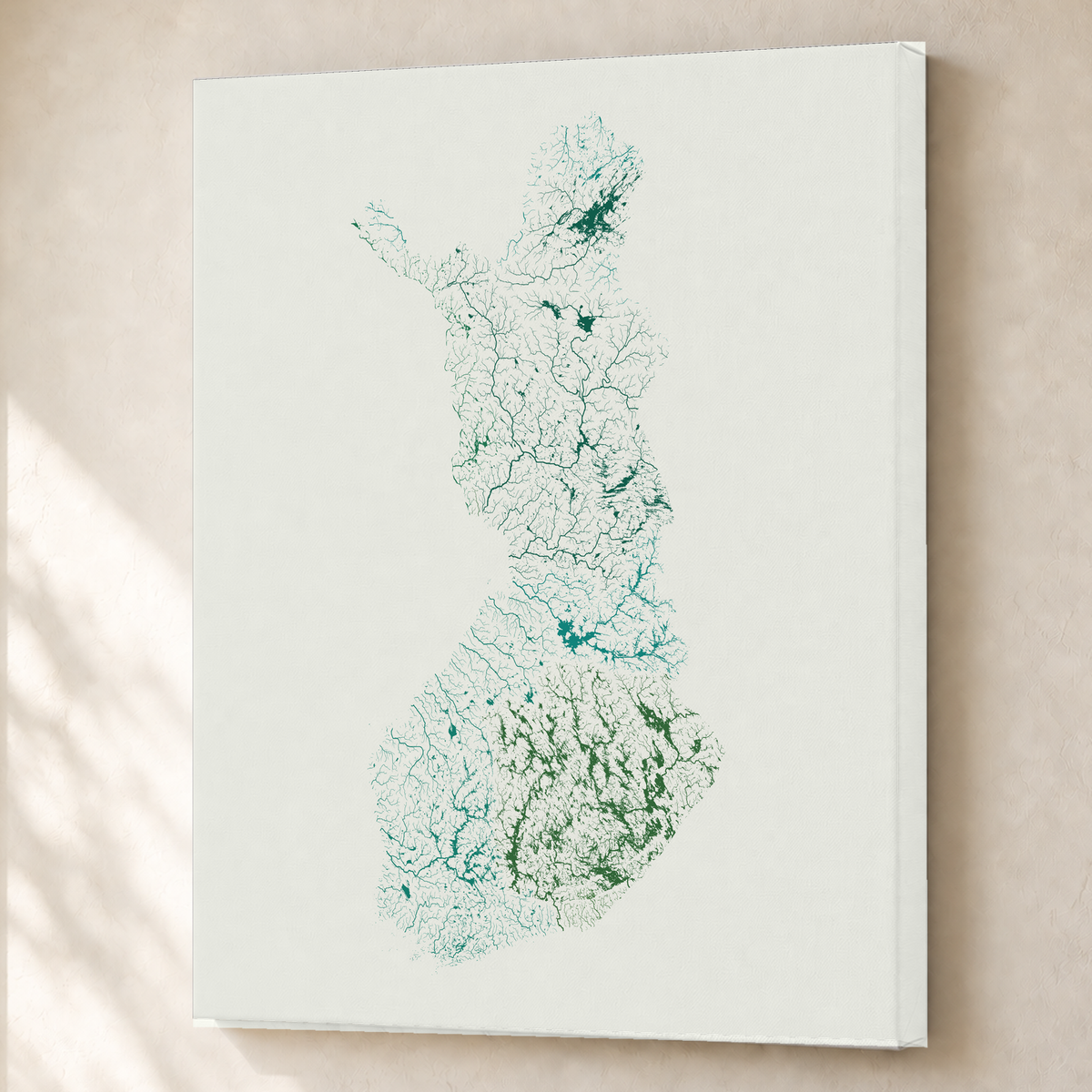 Beautiful Rivers — Finlândia — Verde jade e porcelana, Canvas · 60 × 80 cm, Sem margem