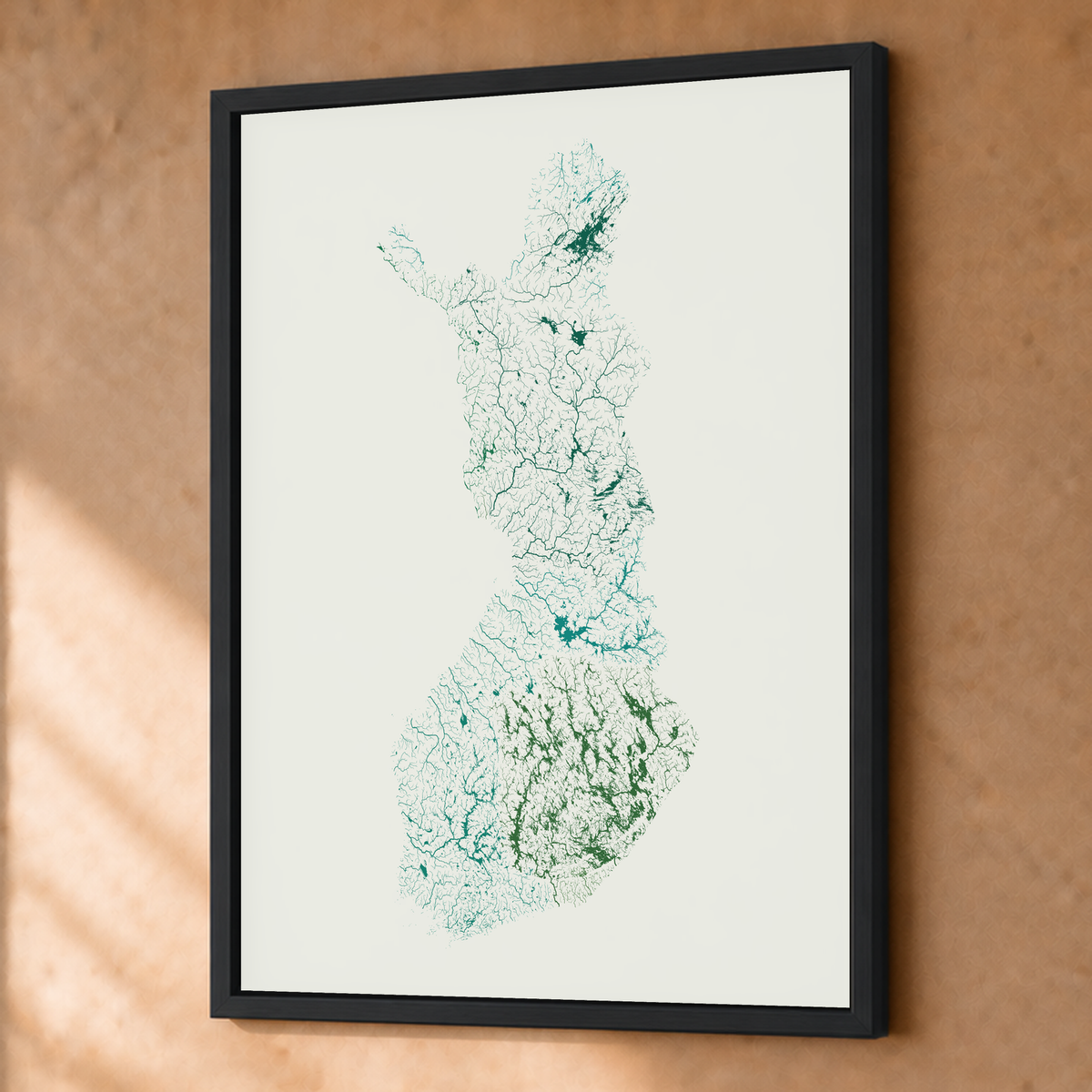 Beautiful Rivers — Finlândia — Verde jade e porcelana, Fine art emoldurado · 45 × 60 cm, Preto · Sem margem