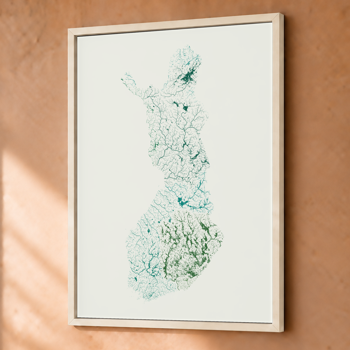 Beautiful Rivers — Finlândia — Verde jade e porcelana, Fine art emoldurado · 45 × 60 cm, Branco · Sem margem