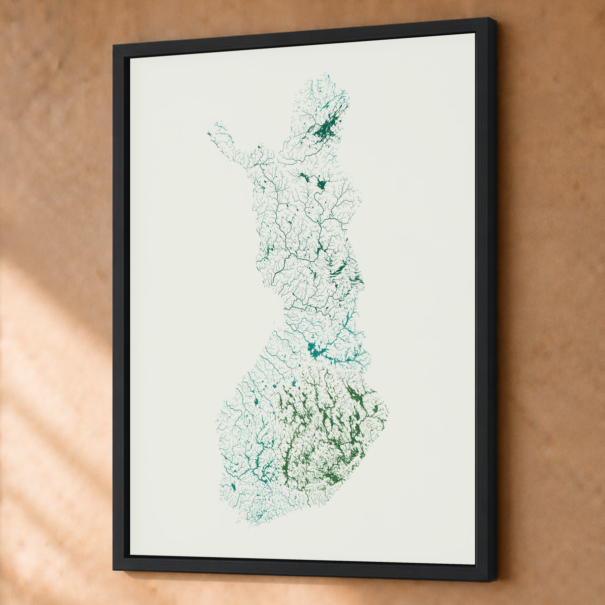 Beautiful Rivers — Finlândia — Verde jade e porcelana, Fine art emoldurado · 60 × 80 cm, Preto · Sem margem