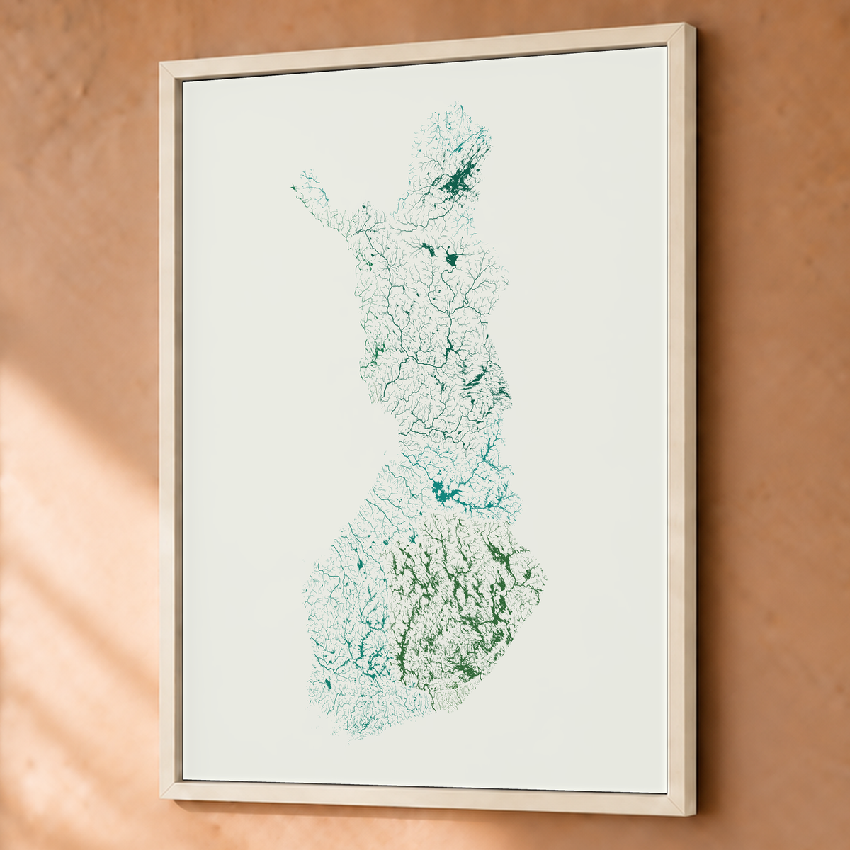 Beautiful Rivers — Finlândia — Verde jade e porcelana, Fine art emoldurado · 60 × 80 cm, Branco · Sem margem