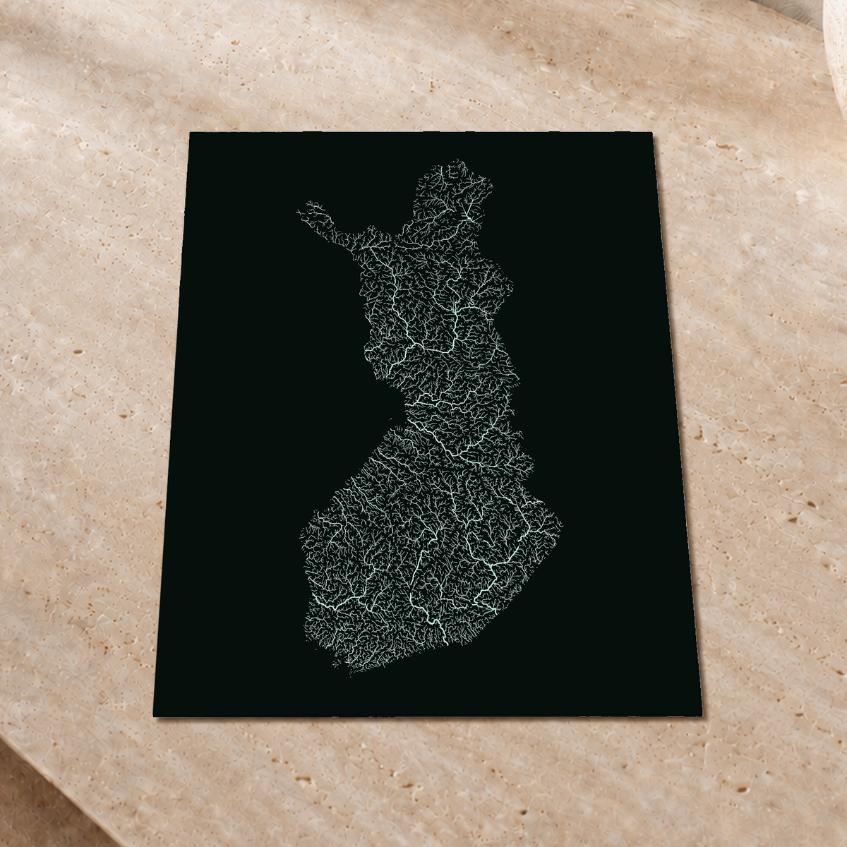 Hydrographic map — Finland, monochrome glow, Glow-in-the-dark poster, 30 × 40 cm, in a premium interior setting
