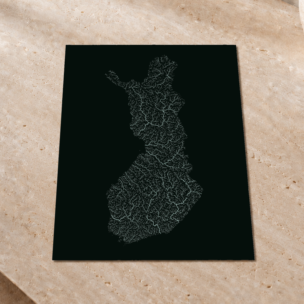Hydrographic map — Finland, monochrome glow, Glow-in-the-dark poster, 45 × 60 cm, in a premium interior setting