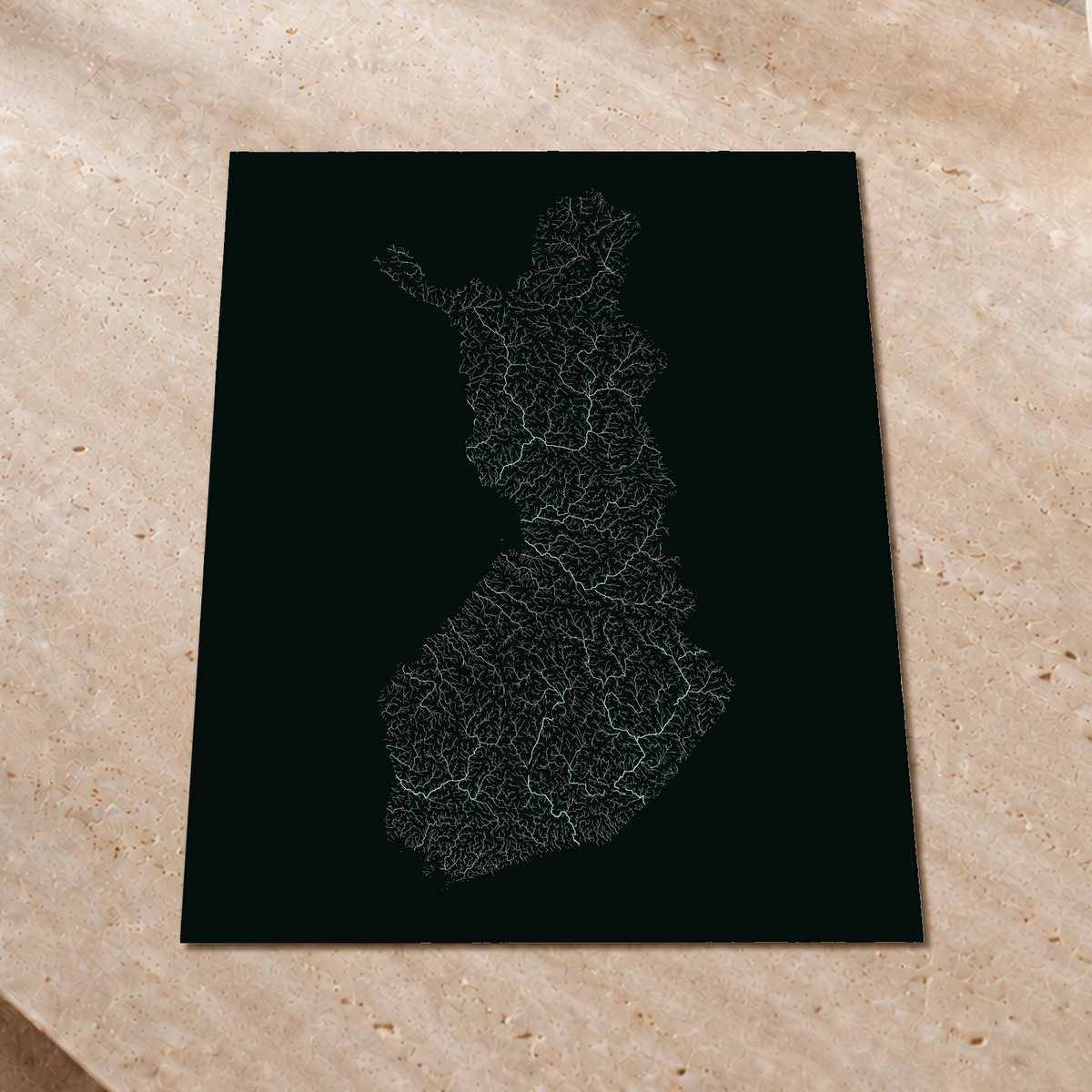 Hydrographic map — Finland, monochrome glow, Glow-in-the-dark poster, 60 × 80 cm, in a premium interior setting