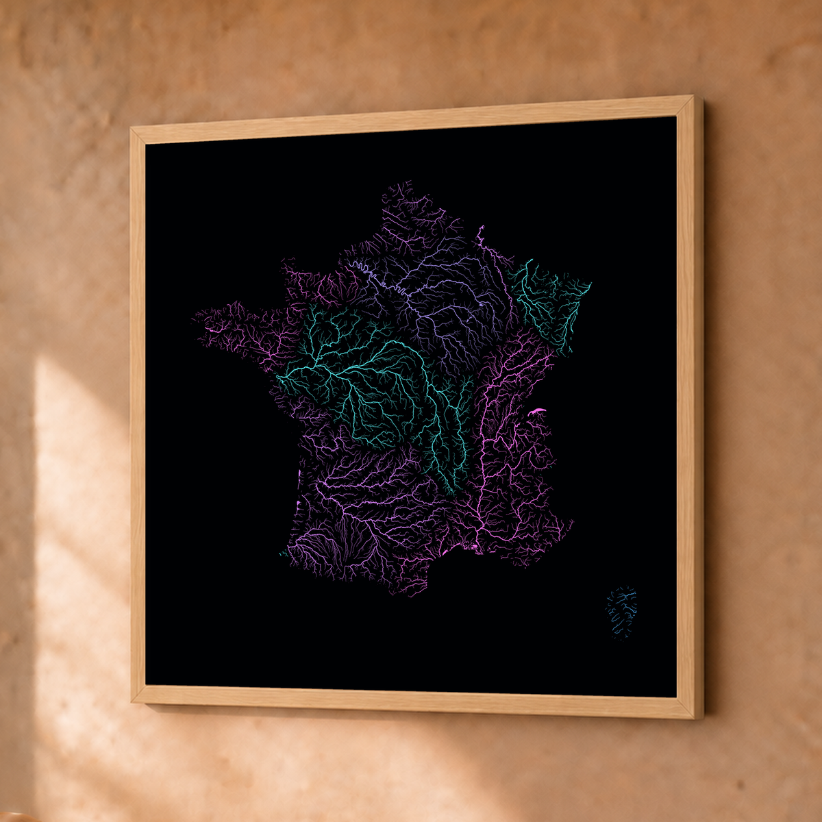 Beautiful Rivers — França — Neon hidrográfico, Fine art emoldurado · 30 × 30 cm, Natural · Sem margem