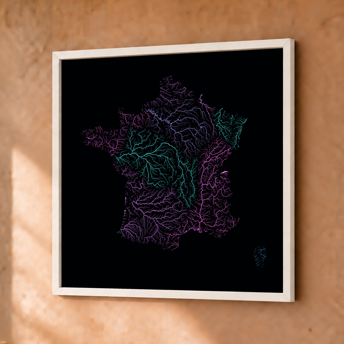 Beautiful Rivers — França — Neon hidrográfico, Fine art emoldurado · 30 × 30 cm, Branco · Sem margem