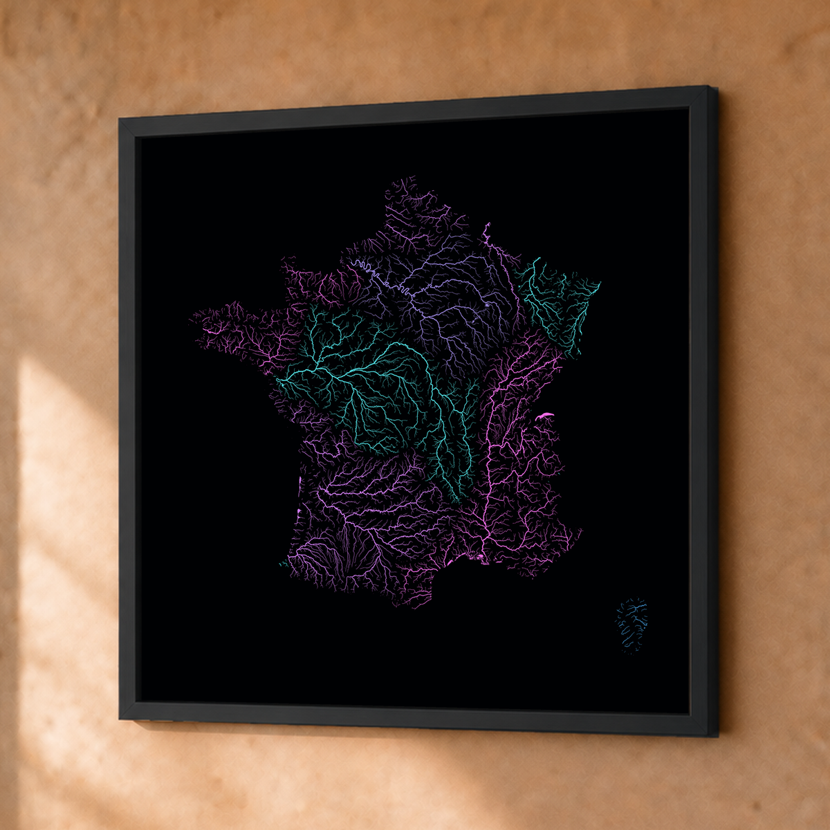 Beautiful Rivers — França — Neon hidrográfico, Fine art emoldurado · 50 × 50 cm, Preto · Sem margem