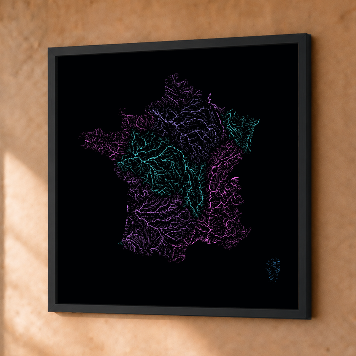 Beautiful Rivers — França — Neon hidrográfico, Fine art emoldurado · 76 × 76 cm, Preto · Sem margem