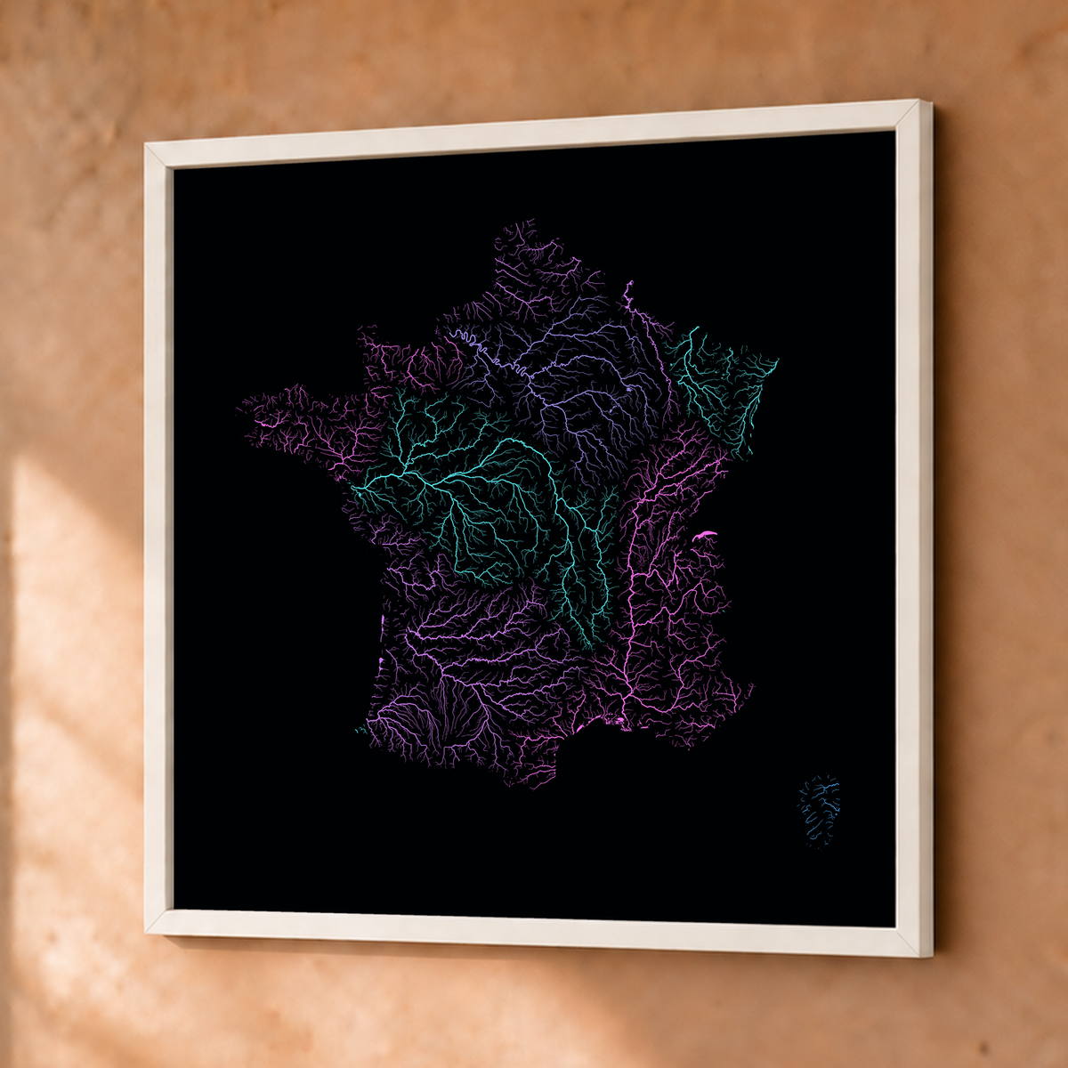 Beautiful Rivers — França — Neon hidrográfico, Fine art emoldurado · 76 × 76 cm, Branco · Sem margem