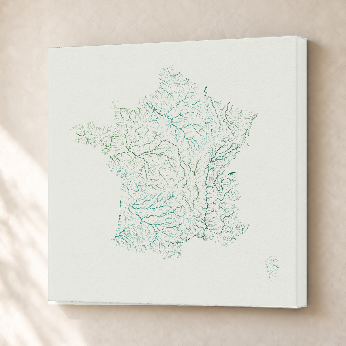 Beautiful Rivers — França — Verde jade e porcelana, Canvas · 50 × 50 cm, Sem margem