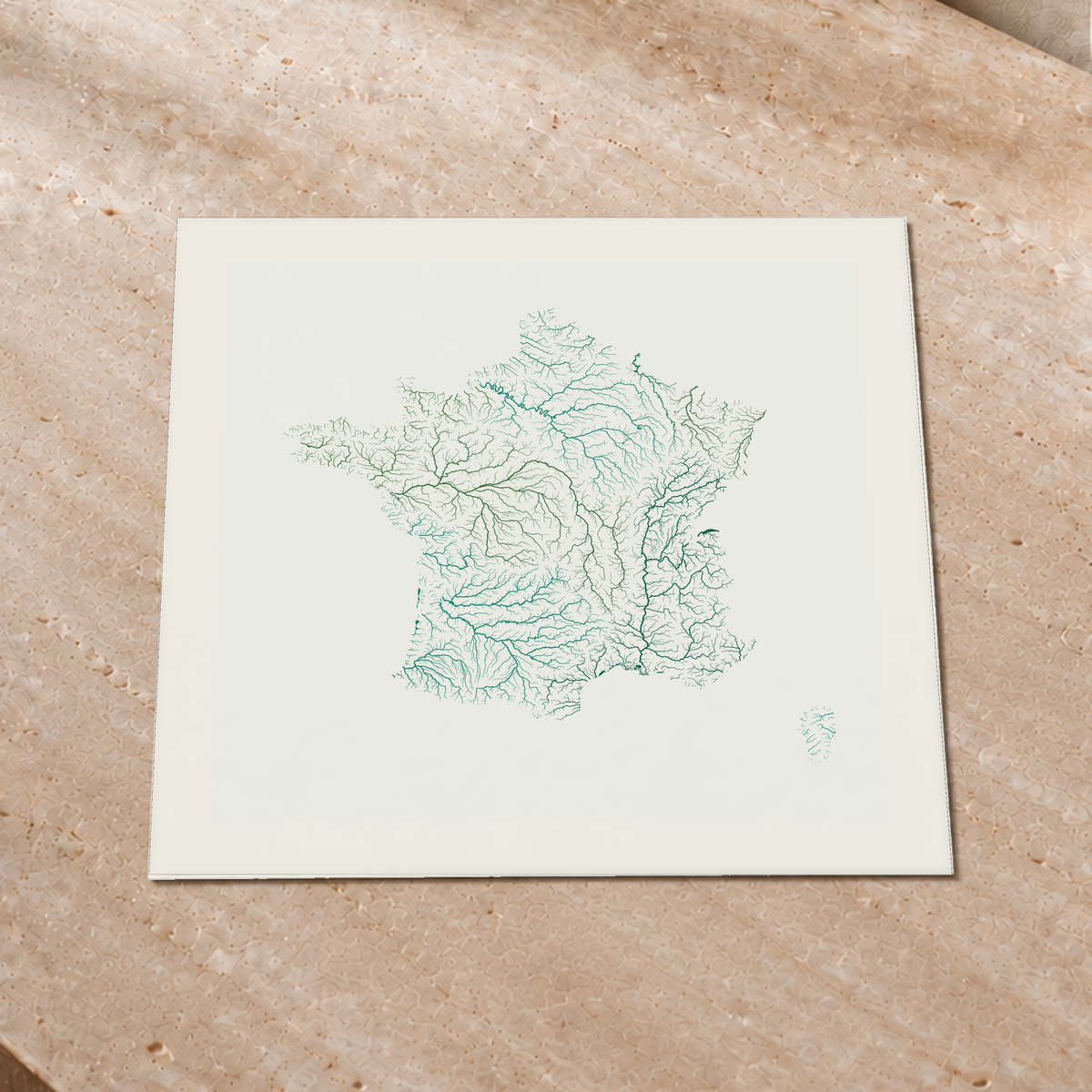 Beautiful Rivers — França — Verde jade e porcelana, Impressão fine art · 50 × 50 cm, Margem branca