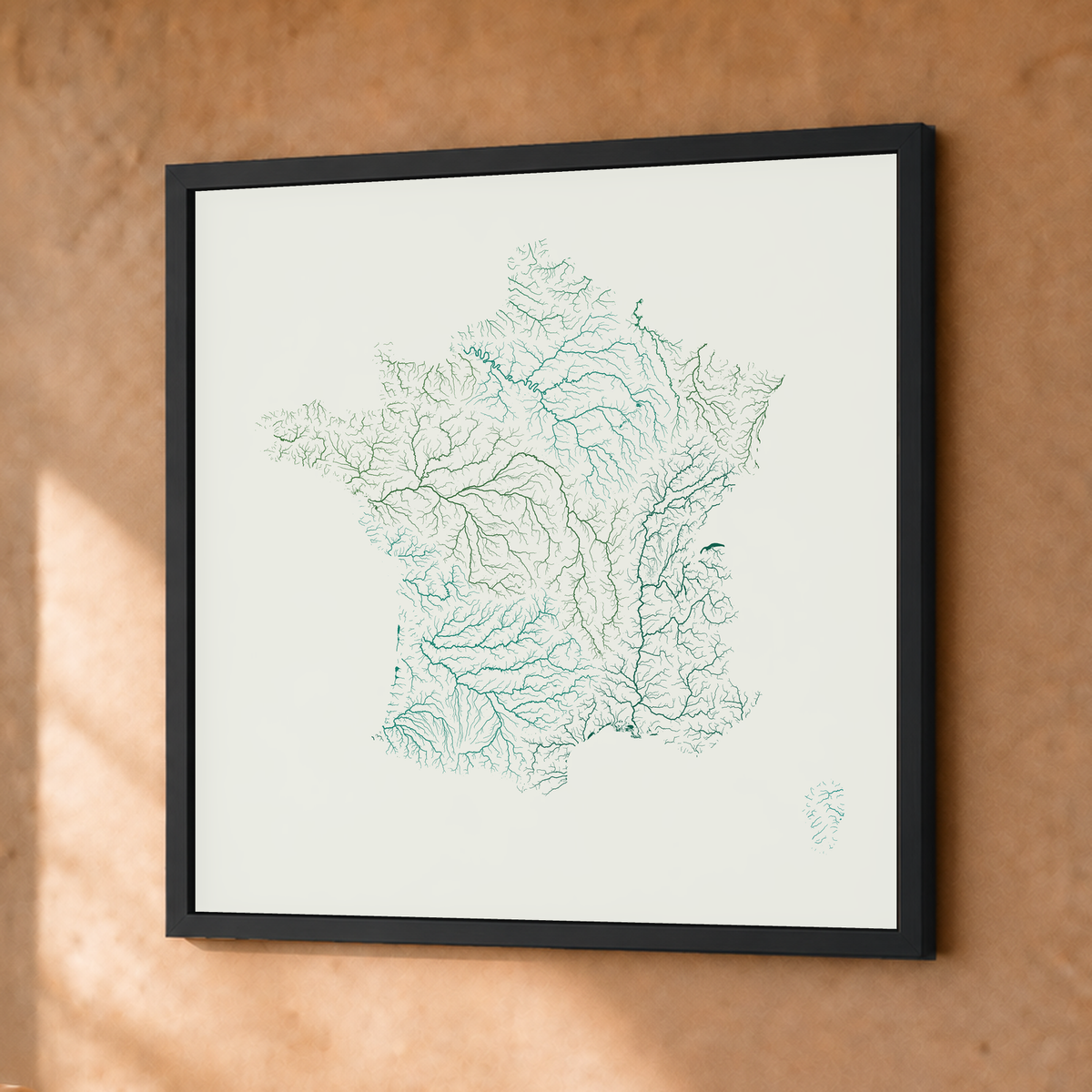 Beautiful Rivers — França — Verde jade e porcelana, Fine art emoldurado · 30 × 30 cm, Preto · Sem margem