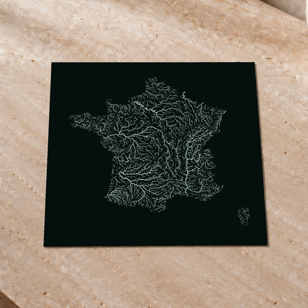 Hydrographic map — France, monochrome glow, Glow-in-the-dark poster, 30 × 30 cm, in a premium interior setting