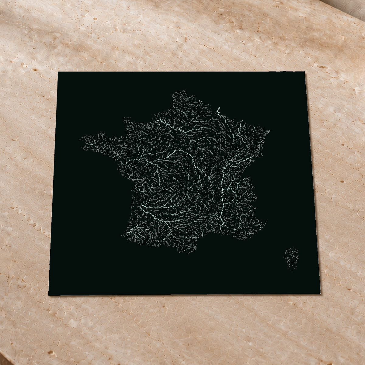 Hydrographic map — France, monochrome glow, Glow-in-the-dark poster, 50 × 50 cm, in a premium interior setting