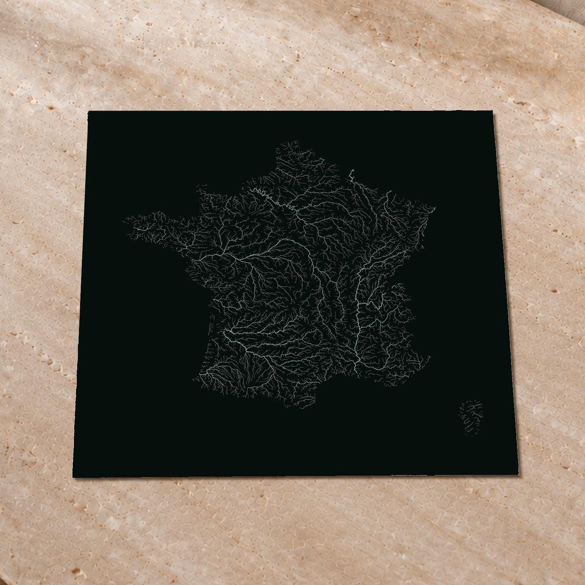 Hydrographic map — France, monochrome glow, Glow-in-the-dark poster, 76 × 76 cm, in a premium interior setting
