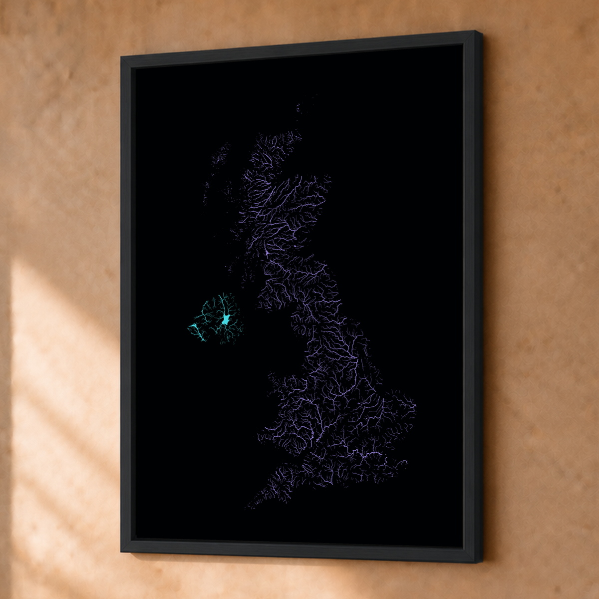 Beautiful Rivers — Reino Unido — Neon hidrográfico, Fine art emoldurado · 30 × 40 cm, Preto · Sem margem