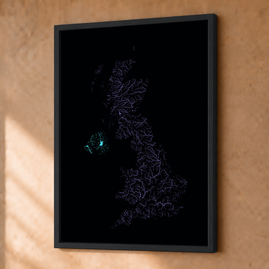 Beautiful Rivers — Reino Unido — Neon hidrográfico, Fine art emoldurado · 30 × 40 cm, Preto · Sem margem