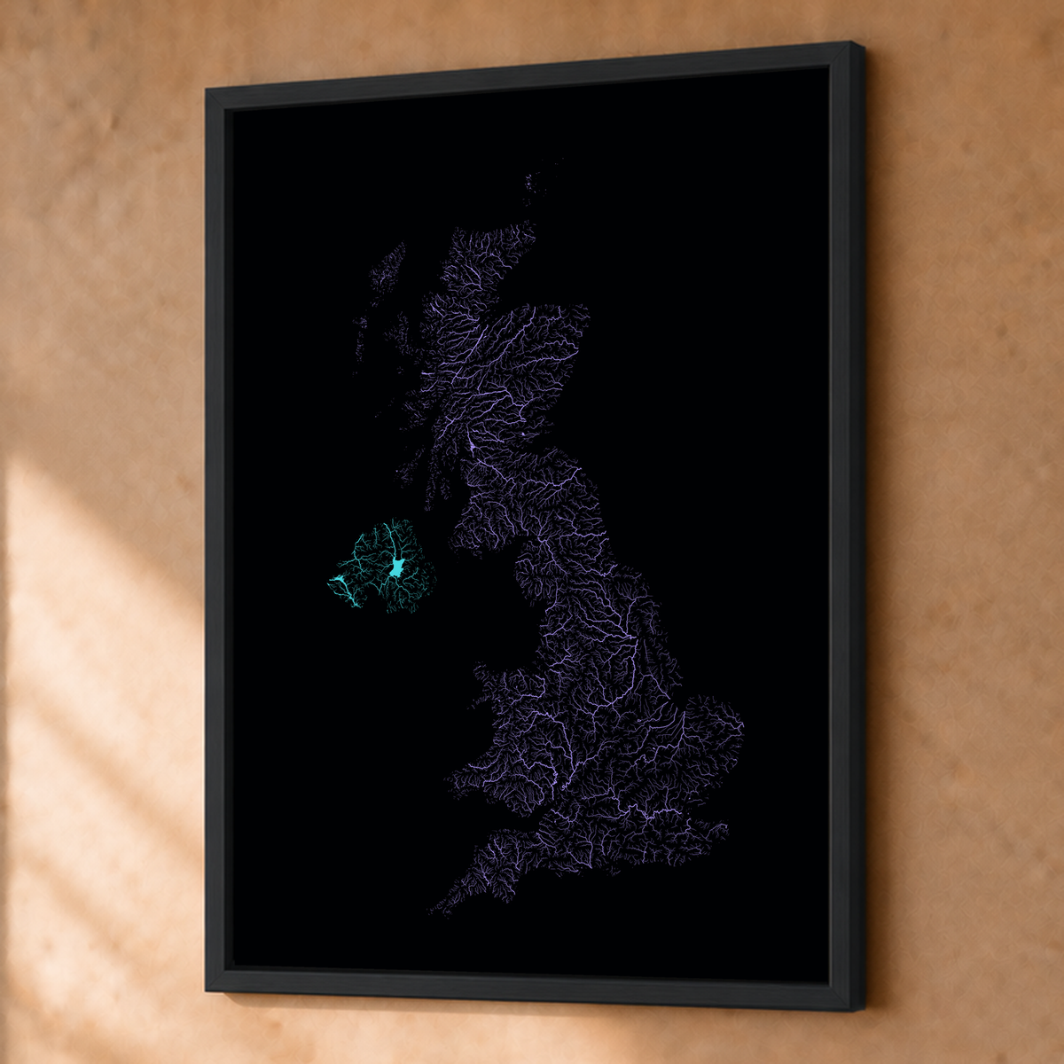 Beautiful Rivers — Reino Unido — Neon hidrográfico, Fine art emoldurado · 45 × 60 cm, Preto · Sem margem