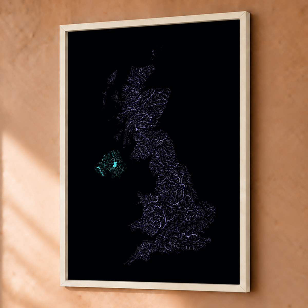 Beautiful Rivers — Reino Unido — Neon hidrográfico, Fine art emoldurado · 45 × 60 cm, Branco · Sem margem