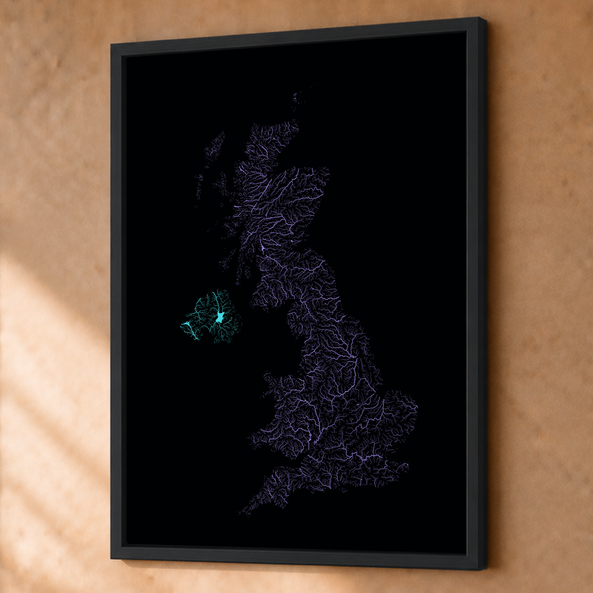 Beautiful Rivers — Reino Unido — Neon hidrográfico, Fine art emoldurado · 60 × 80 cm, Preto · Sem margem