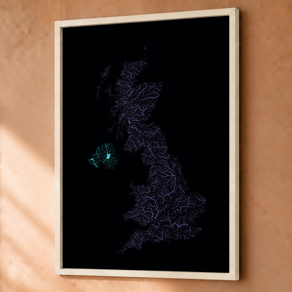 Beautiful Rivers — Reino Unido — Neon hidrográfico, Fine art emoldurado · 60 × 80 cm, Branco · Sem margem