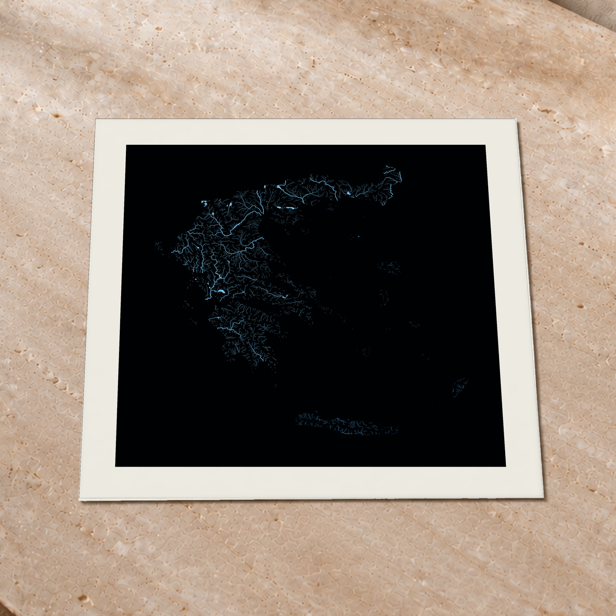 Beautiful Rivers — Grécia — Neon hidrográfico, Impressão fine art · 76 × 76 cm, Margem branca