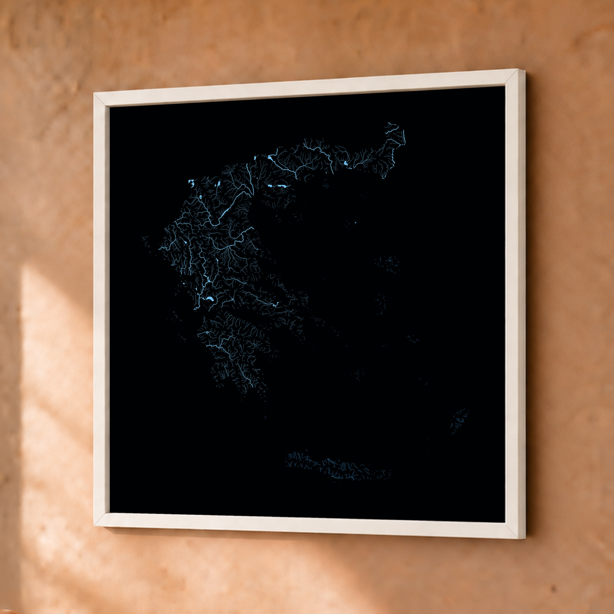 Beautiful Rivers — Grécia — Neon hidrográfico, Fine art emoldurado · 30 × 30 cm, Branco · Sem margem