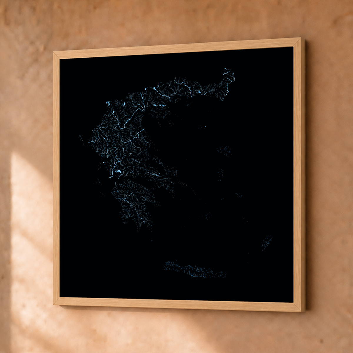Beautiful Rivers — Grécia — Neon hidrográfico, Fine art emoldurado · 50 × 50 cm, Natural · Sem margem