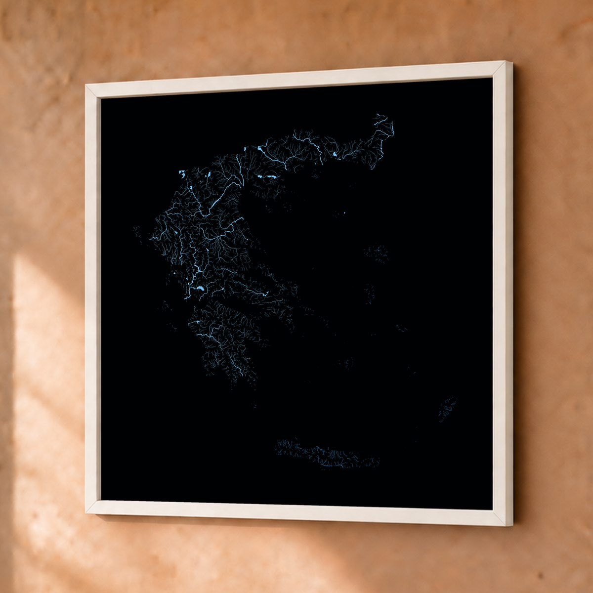 Beautiful Rivers — Grécia — Neon hidrográfico, Fine art emoldurado · 50 × 50 cm, Branco · Sem margem