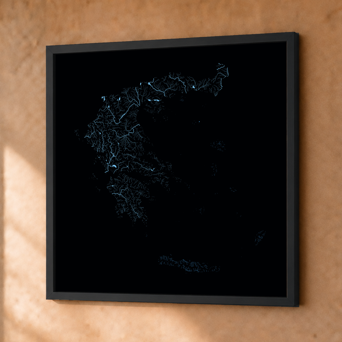 Beautiful Rivers — Grécia — Neon hidrográfico, Fine art emoldurado · 76 × 76 cm, Preto · Sem margem