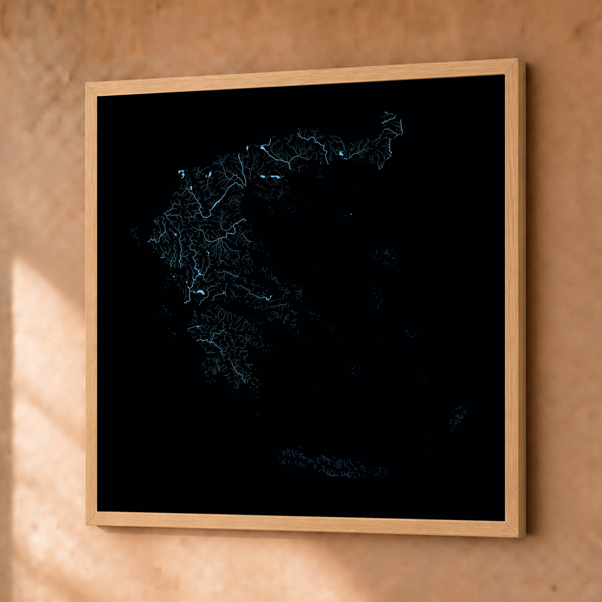 Beautiful Rivers — Grécia — Neon hidrográfico, Fine art emoldurado · 76 × 76 cm, Natural · Sem margem