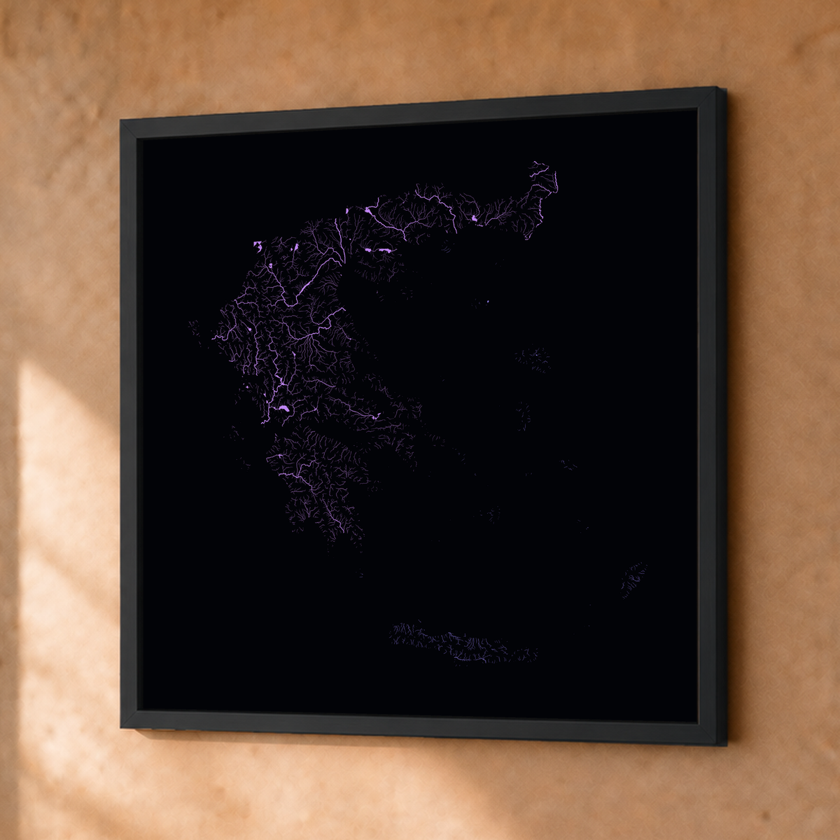 Beautiful Rivers — Grécia — Neon por território, Fine art emoldurado · 50 × 50 cm, Preto · Sem margem