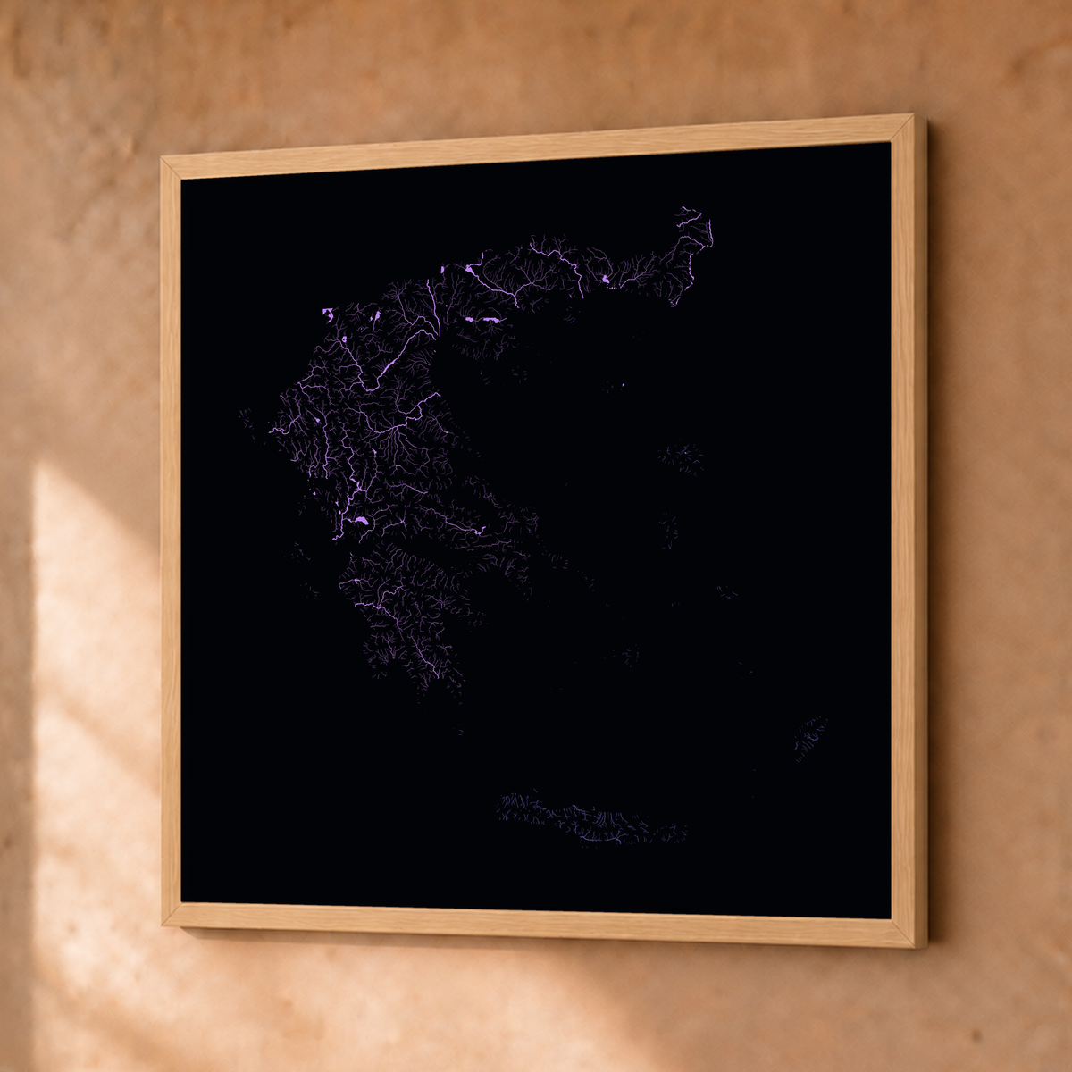 Beautiful Rivers — Grécia — Neon por território, Fine art emoldurado · 50 × 50 cm, Natural · Sem margem