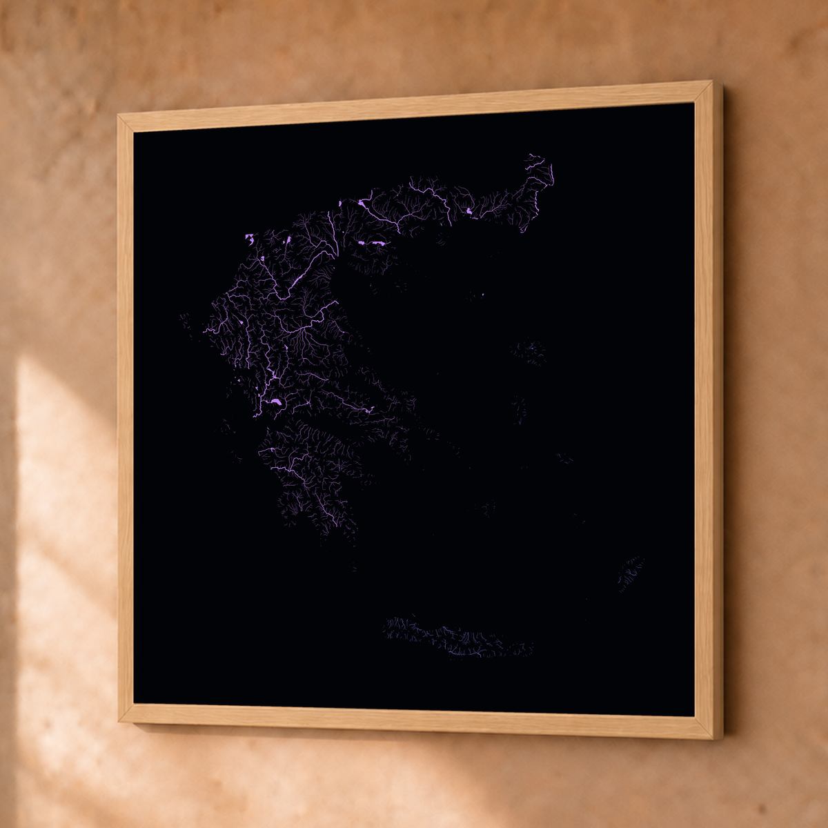 Beautiful Rivers — Grécia — Neon por território, Fine art emoldurado · 76 × 76 cm, Natural · Sem margem