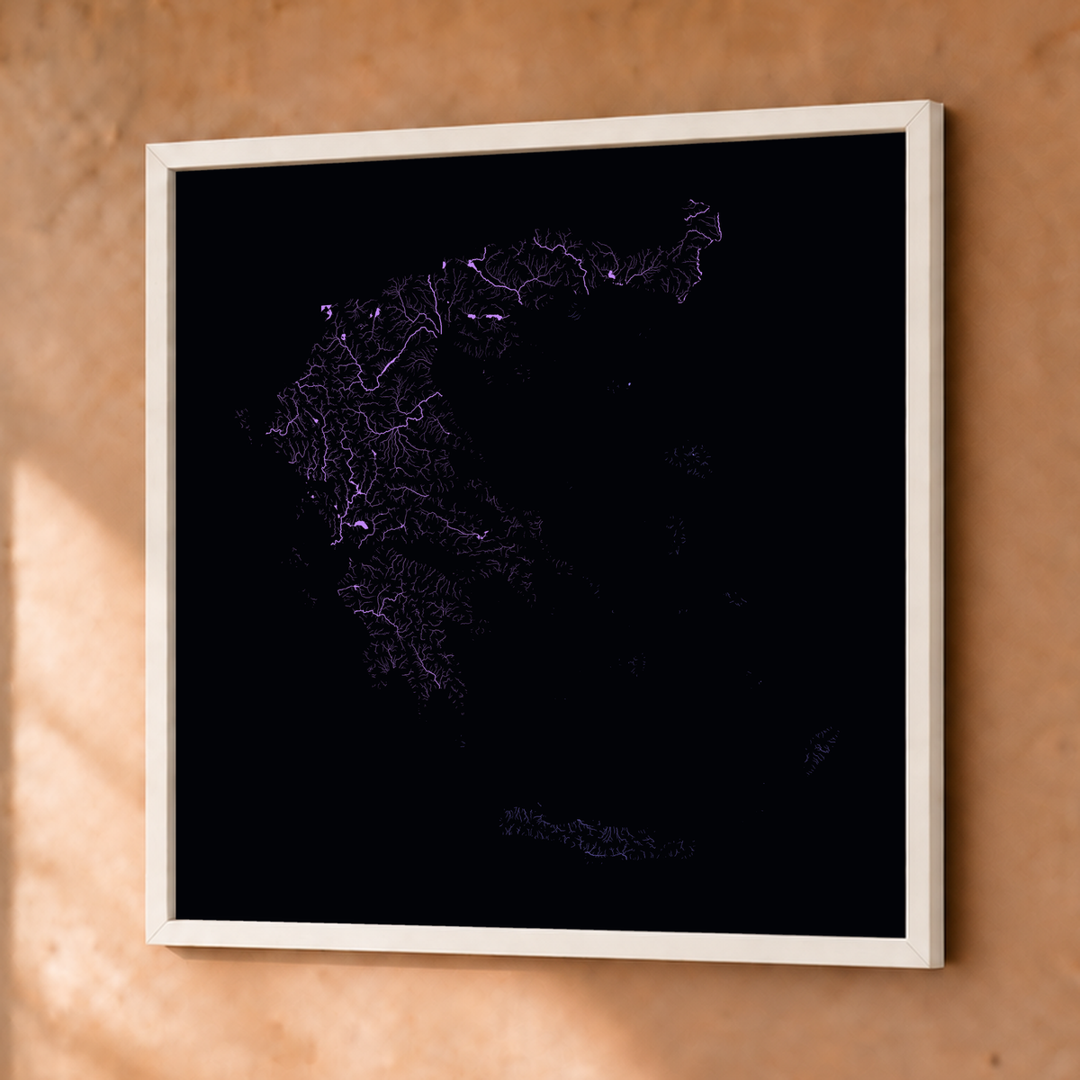 Beautiful Rivers — Grécia — Neon por território, Fine art emoldurado · 76 × 76 cm, Branco · Sem margem