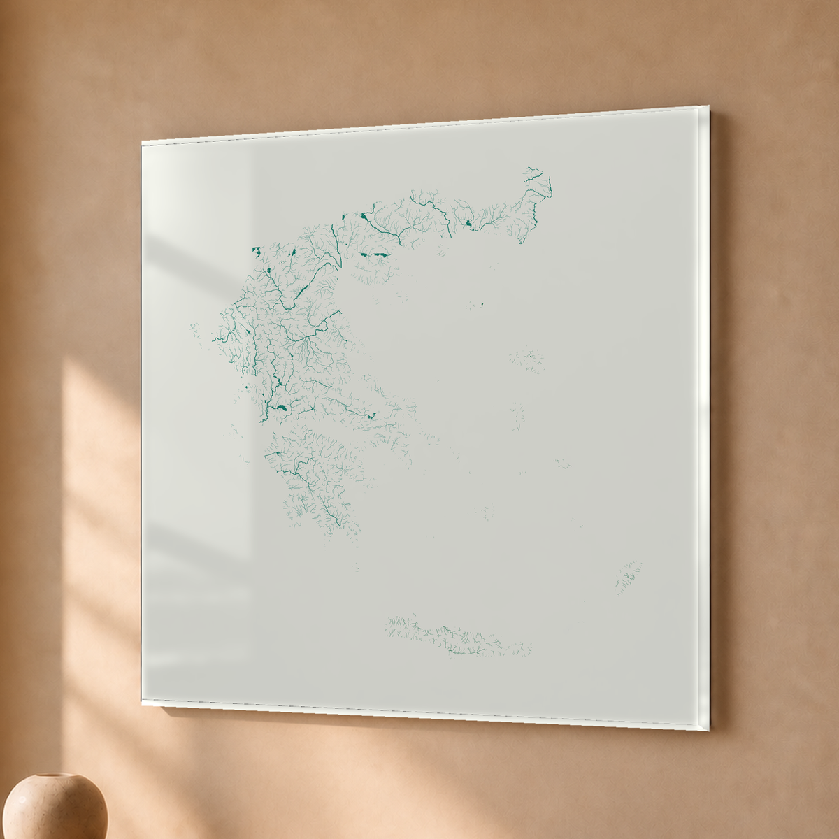 Beautiful Rivers — Grécia — Verde jade e porcelana, Acrílico · 50 × 50 cm, Sem margem