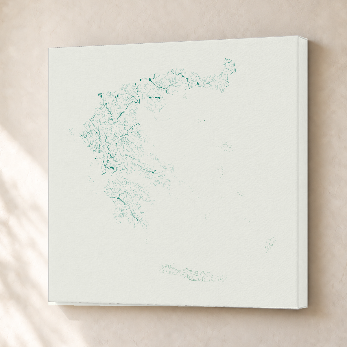 Beautiful Rivers — Grécia — Verde jade e porcelana, Canvas · 50 × 50 cm, Sem margem