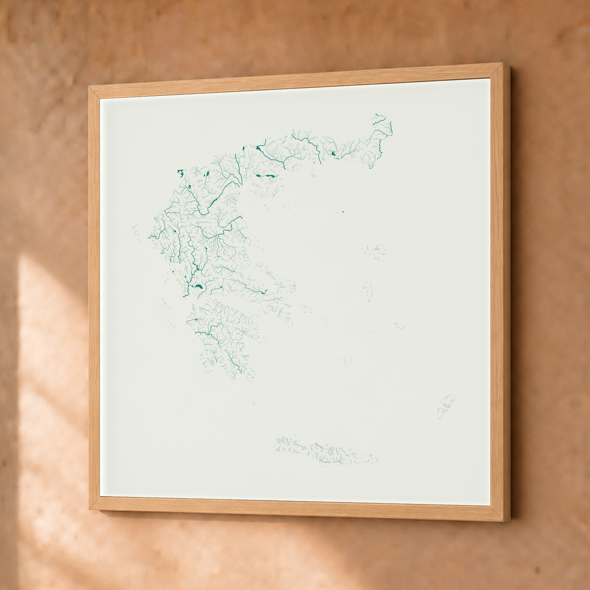 Beautiful Rivers — Grécia — Verde jade e porcelana, Fine art emoldurado · 50 × 50 cm, Natural · Sem margem